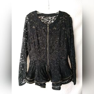 Oh Yes Sheer Black Lace Top with Exposed Zipper Trim 90s Vintage Medium Sexy